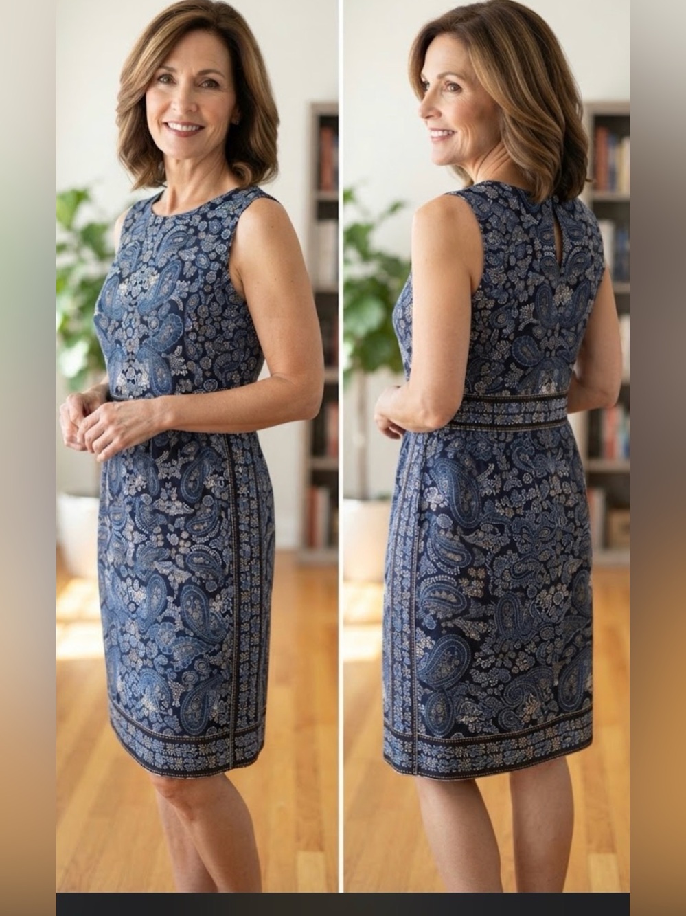 Nautica Navy and White Paisley Sleeveless Sheath Dress
